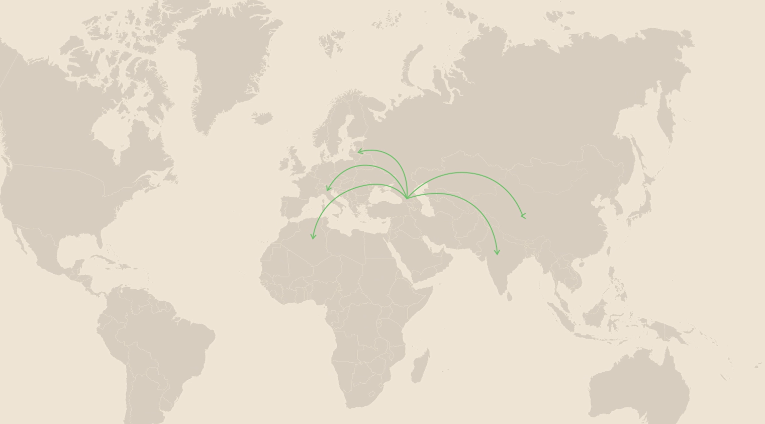 Beige world map with green arrows indicating export routes from Georgia.